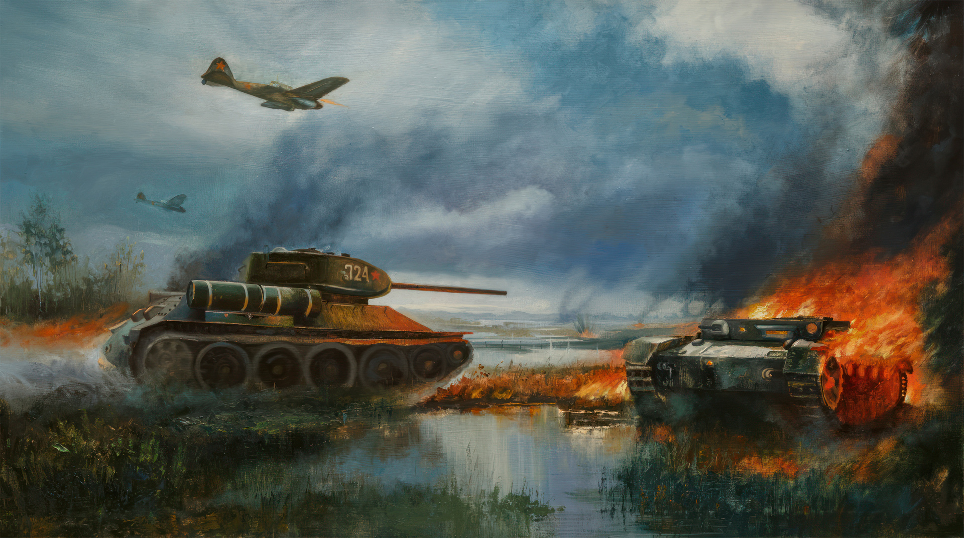 рисунок Т-34-85 наступает, Ил-2 поддерживает