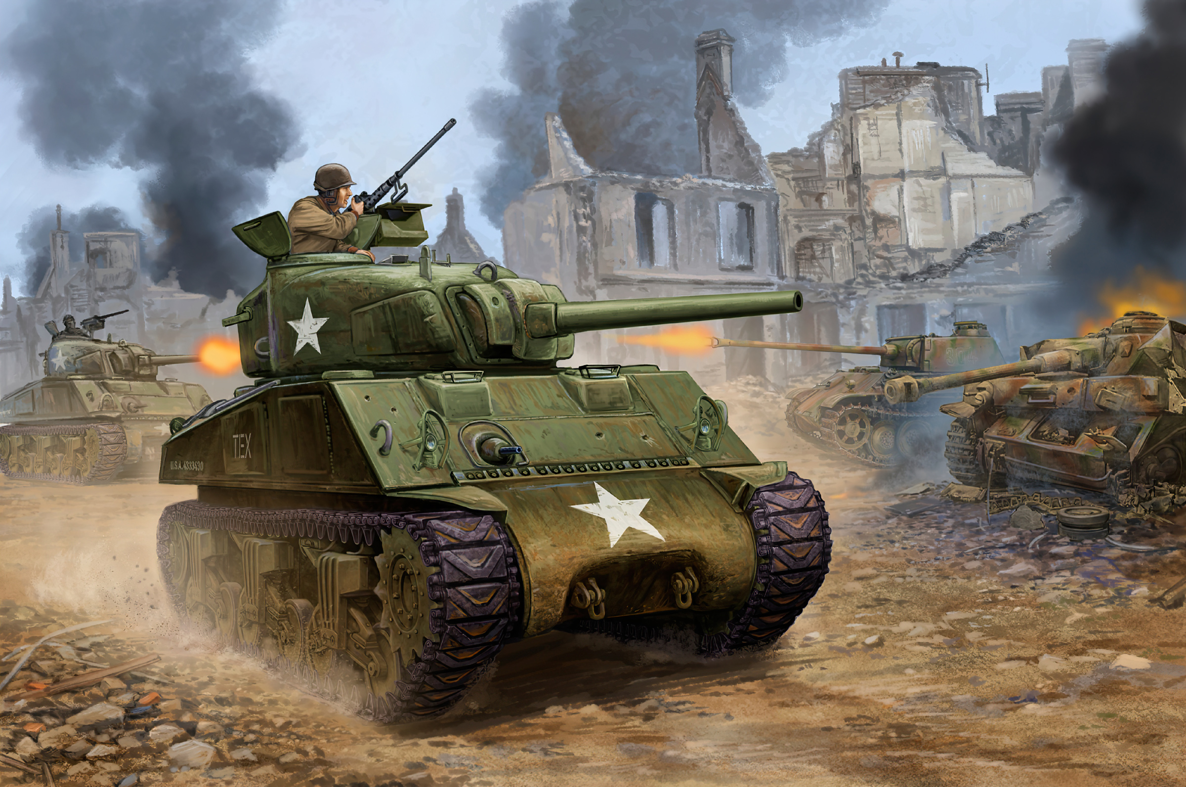 рисунок Шерманы против немецких танков