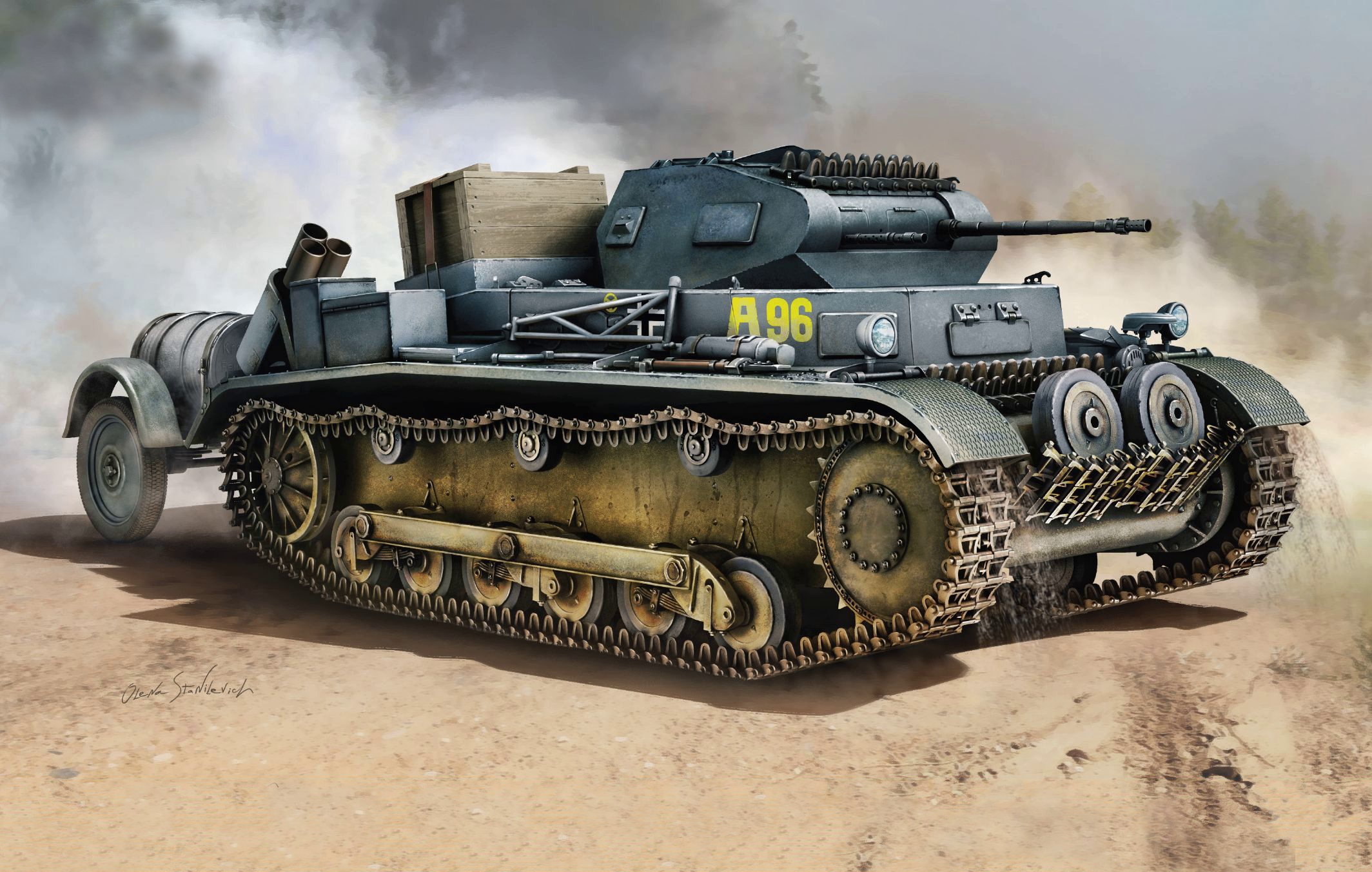 рисунок Pz.Kpfw.II Ausf.b German Light Tank w/Fuel Trailer