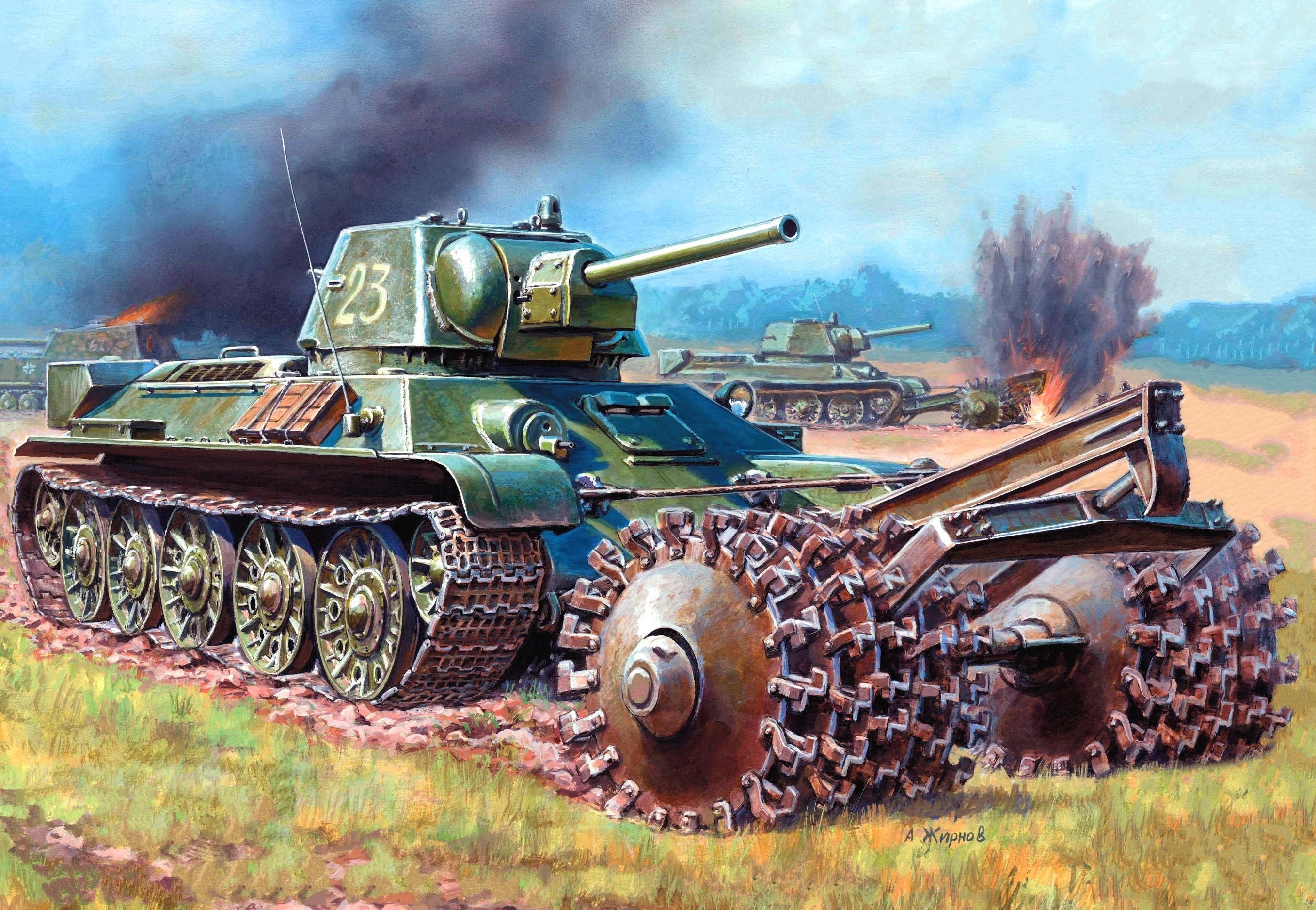 рисунок T-34/76 с минным тралом