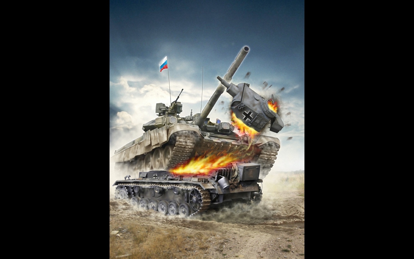 рисунок Т-90 таранит немецкий танк