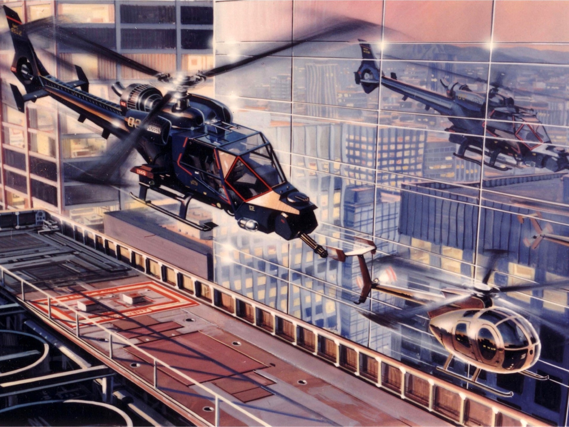 рисунок Вертолеты в городе