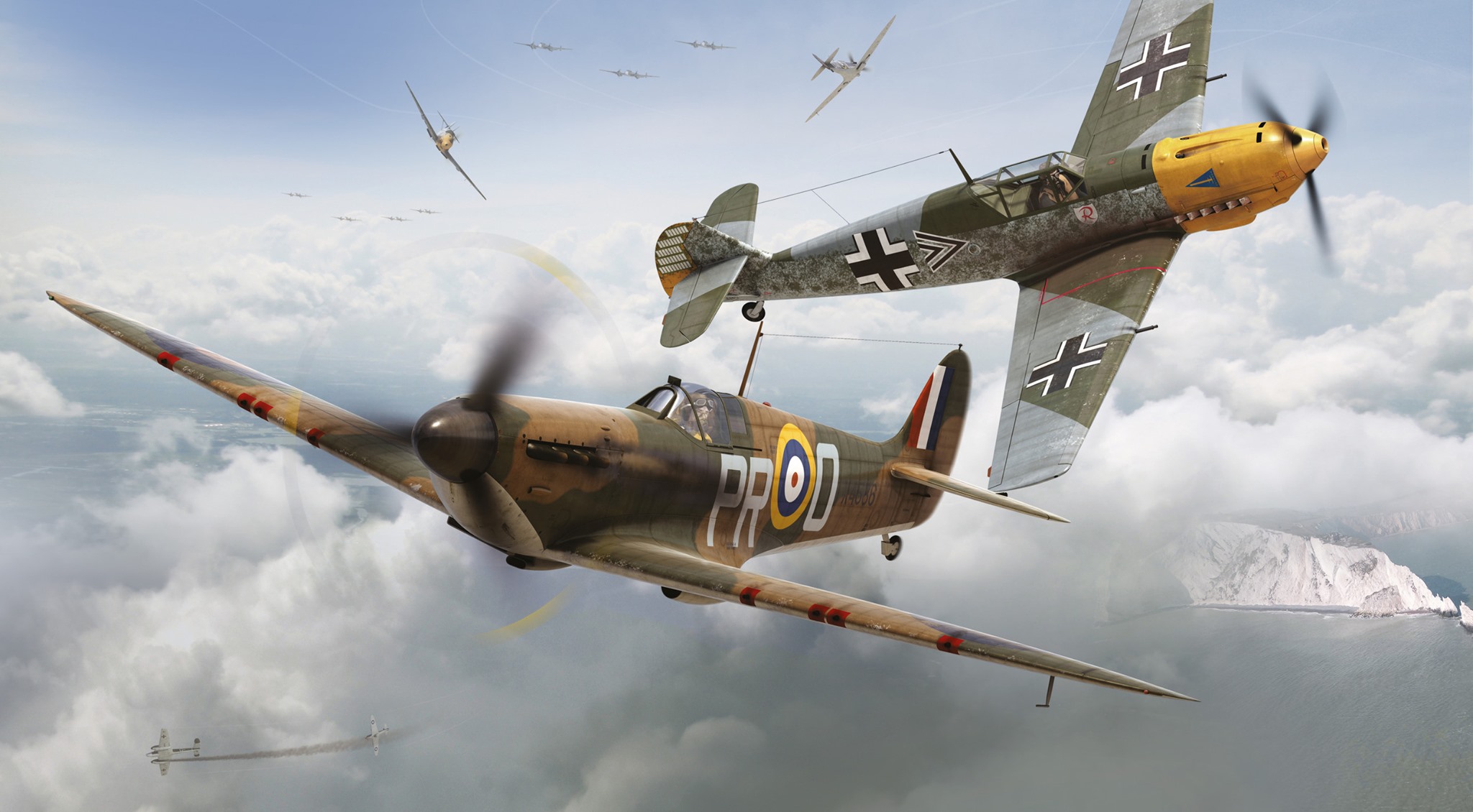 рисунок Spitfire Mk.IA & Messerschmitt Bf 109E-4
