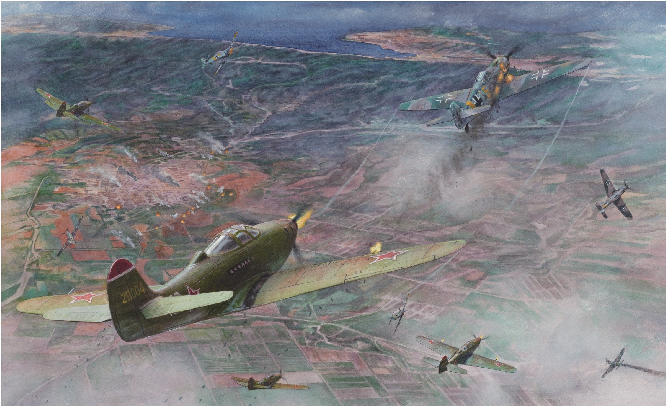 рисунок P-39 сбивает мессера над Кубанью