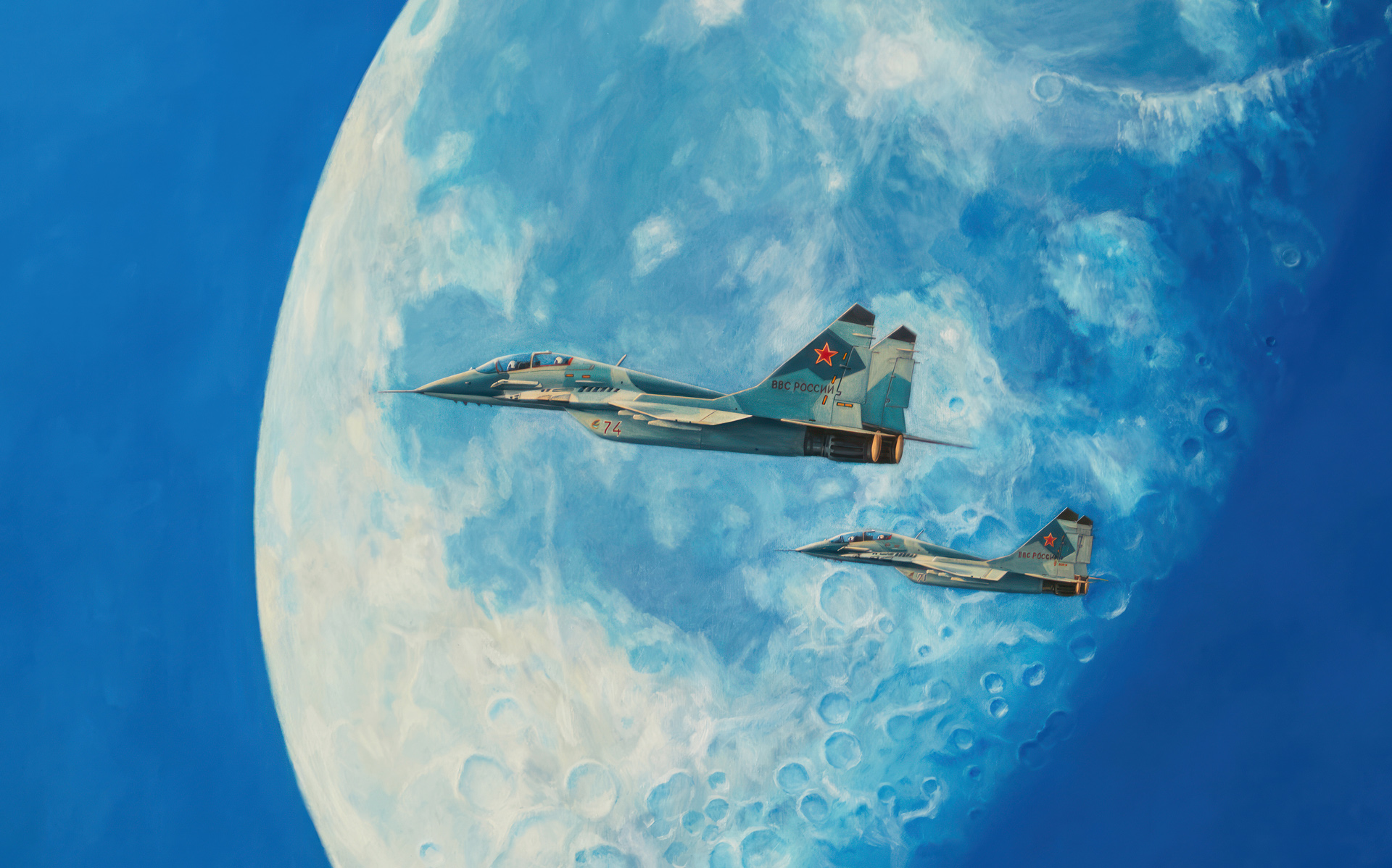 рисунок МиГ-29 на фоне Луны