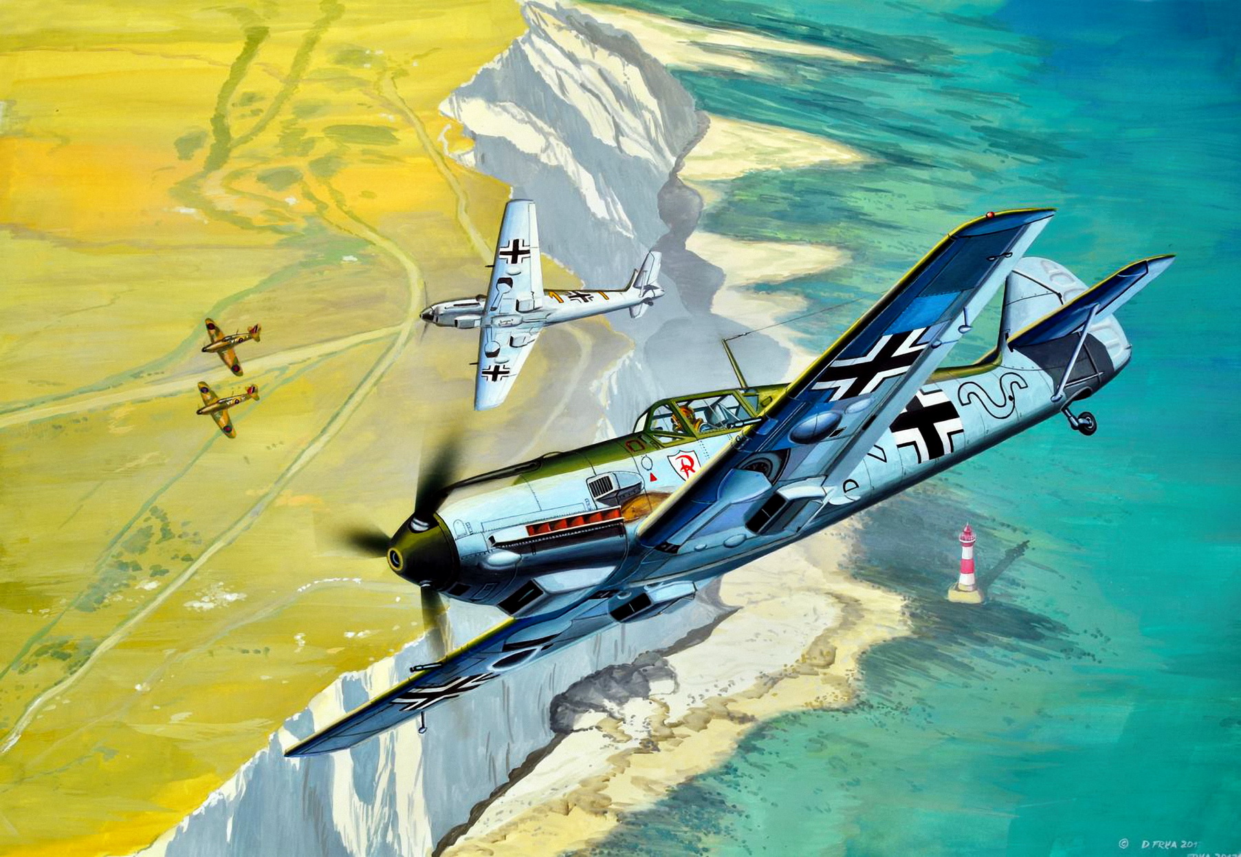 рисунок Messerschmitt Bf 109E-4 vs RAF Hurricanes