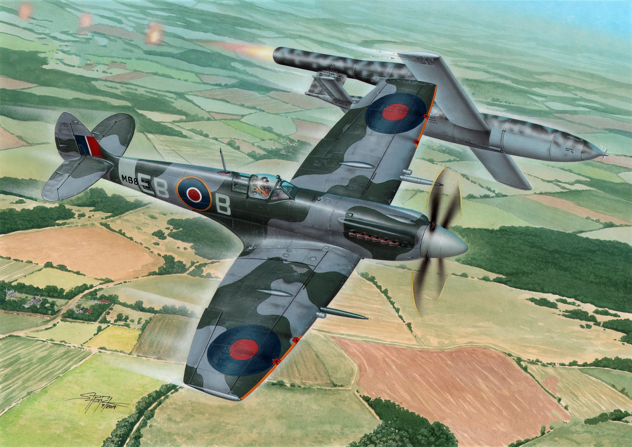 рисунок Spitfire Mk.XII contra V-1 Flying Bomb